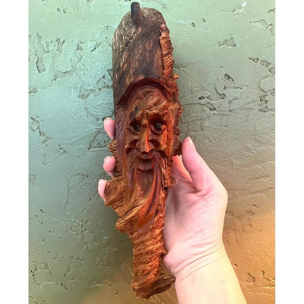 Vintage Hand Carved Wood Spirit Face Forest Wizard Folk Art Branch Carving